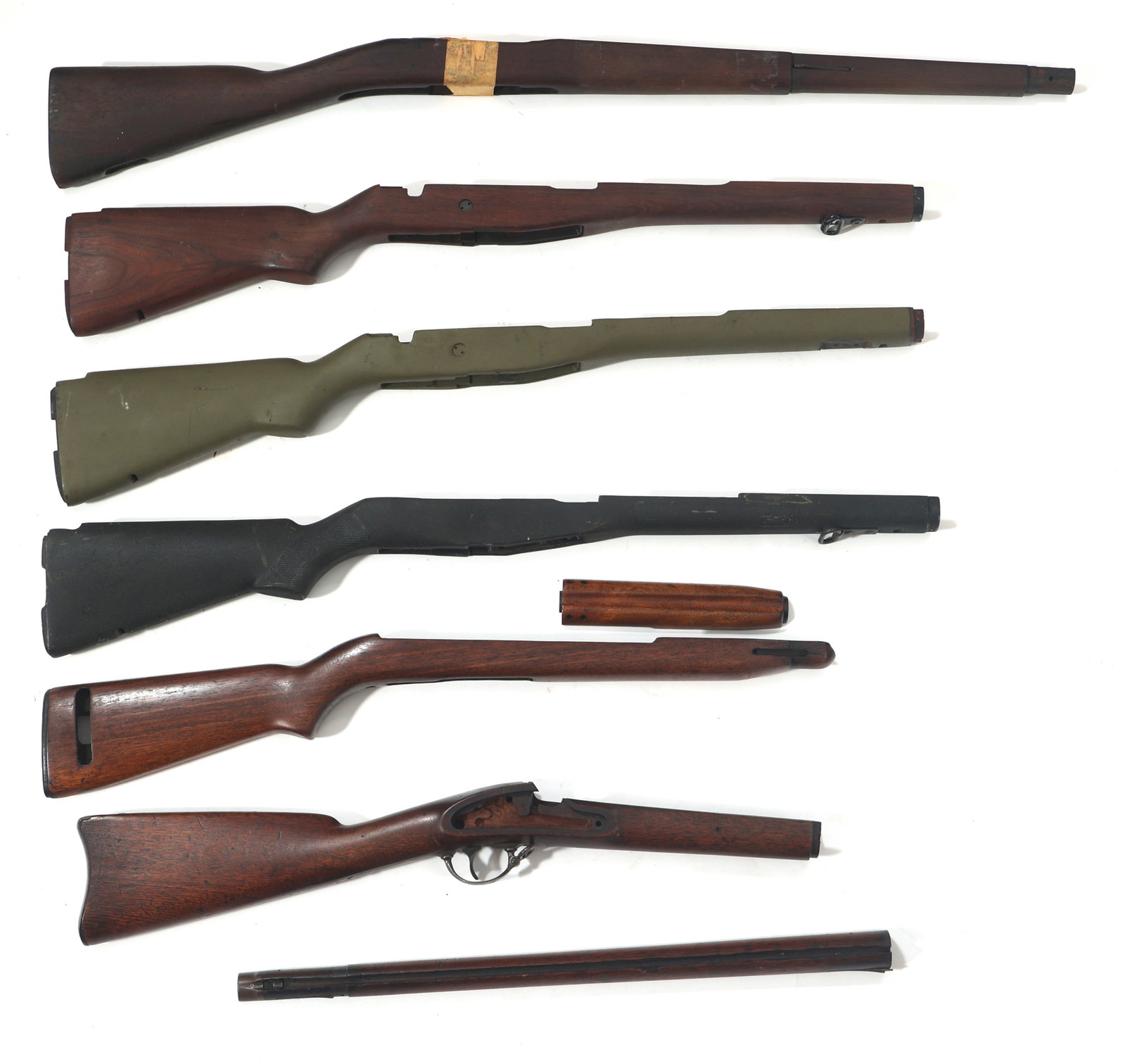 US RIFLE STOCKS - 1903, M1 GARAND, & M1 CARBINE: US RIFLE STOCKS - 1903, M1 GARAND, & M1 CARBINE US rifle stocks. 1903, M1 Garand and M1 carbine. One 1903 stock stamped RA on left side. Springfield Model 1873 stock with two inspector cartouches abov