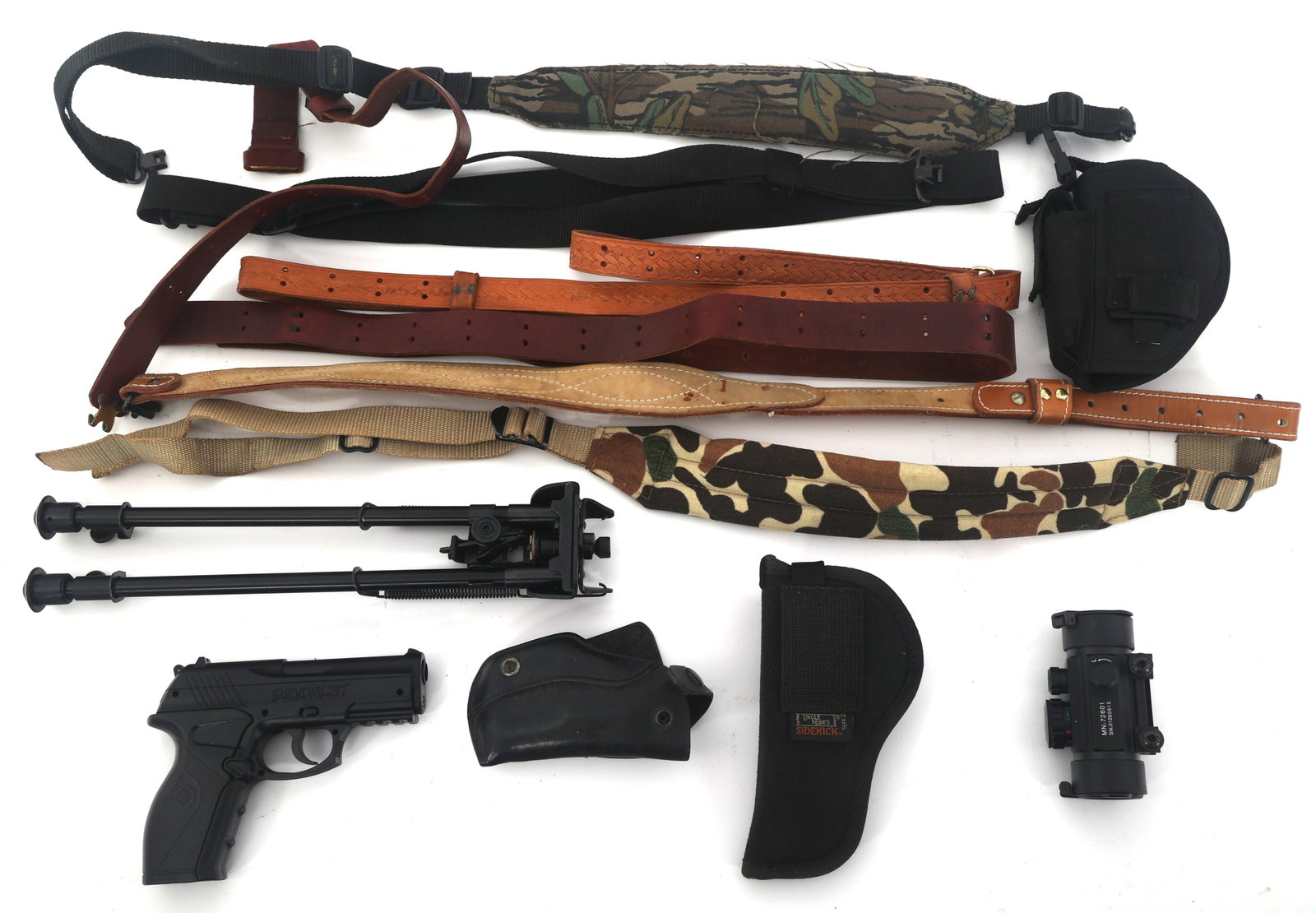 PISTOL HOLSTERS, RIFLE SLINGS, & BB PISTOL: PISTOL HOLSTERS, RIFLE SLINGS, & BB PISTOL Mixed pistol holsters and rifle slings. Crosman Survivalist BB pistol. CP Tactical red dot sight.