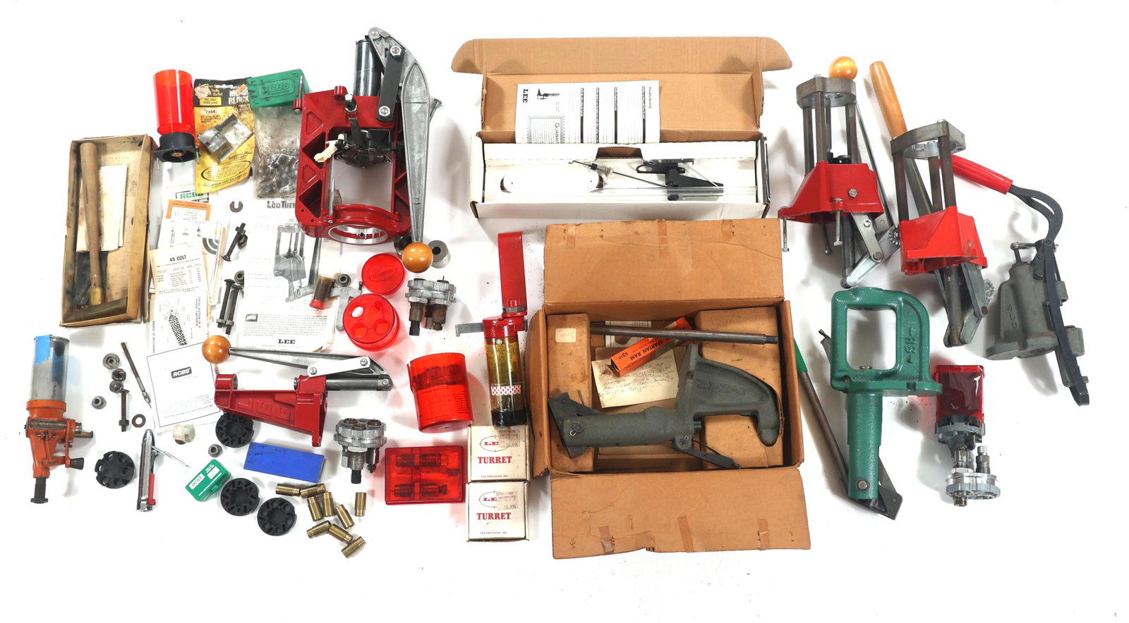 AMMUNITION RELOADING PRESSES AND ACCESSORIES: AMMUNITION RELOADING PRESSES AND ACCESSORIES Lee and Spartan ammunition reloading presses dies and accessories. Lee Precision dies and accessories. Some boxes are empty. Multiple calibers. Some parts 