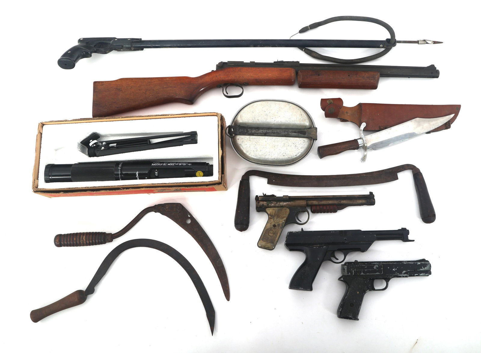 AIR RIFLE, BB PISTOLS, SPEAR GUN AND HAND TOOLS: AIR RIFLE, BB PISTOLS, SPEAR GUN AND HAND TOOLS Air rifle, BB pistols, Spear gun and hand tools bonanza lot. Benjamin Franklin Model 340 BB rifle. Benjamin Franklin 22 caliber, Marksman repeater, and 
