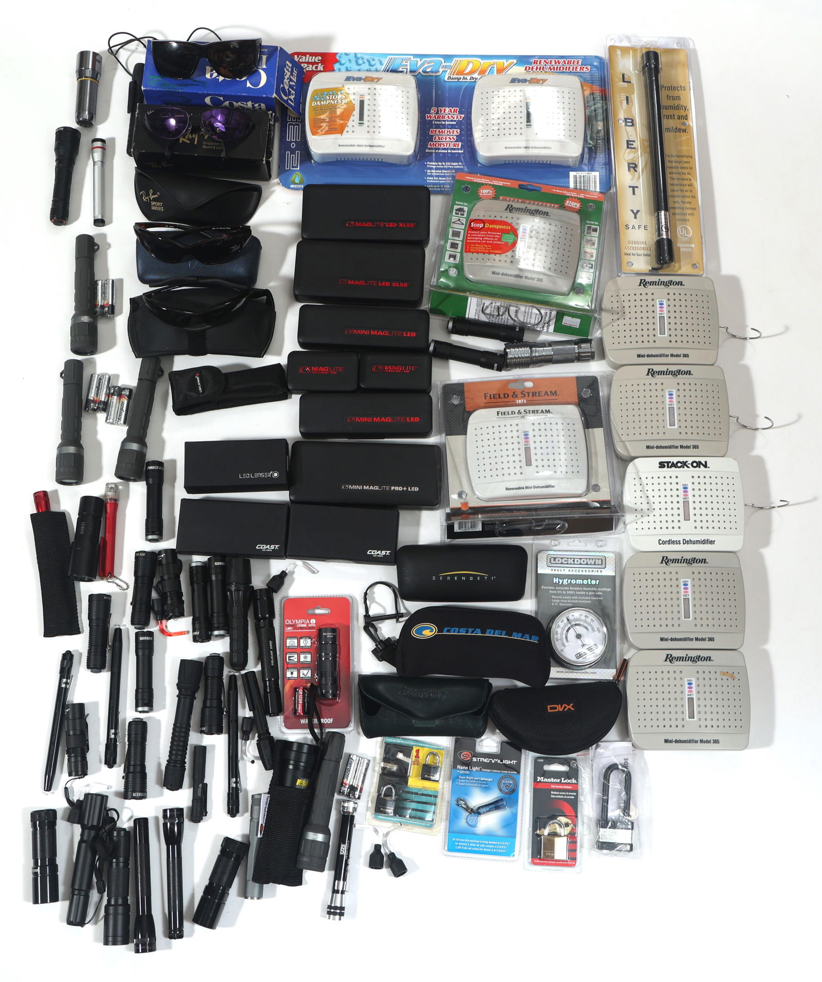 FLASH LIGHTS, SUNGLASSES, AND SAFE DEHUMIDIFIERS: FLASH LIGHTS, SUNGLASSES, AND SAFE DEHUMIDIFIERS Flash lights, Sun glasses and safe dehumidifier lot. Flash light brands include, Mag lite, Pelican, Gerber, and more. Sun glasses brands include Ray-ba