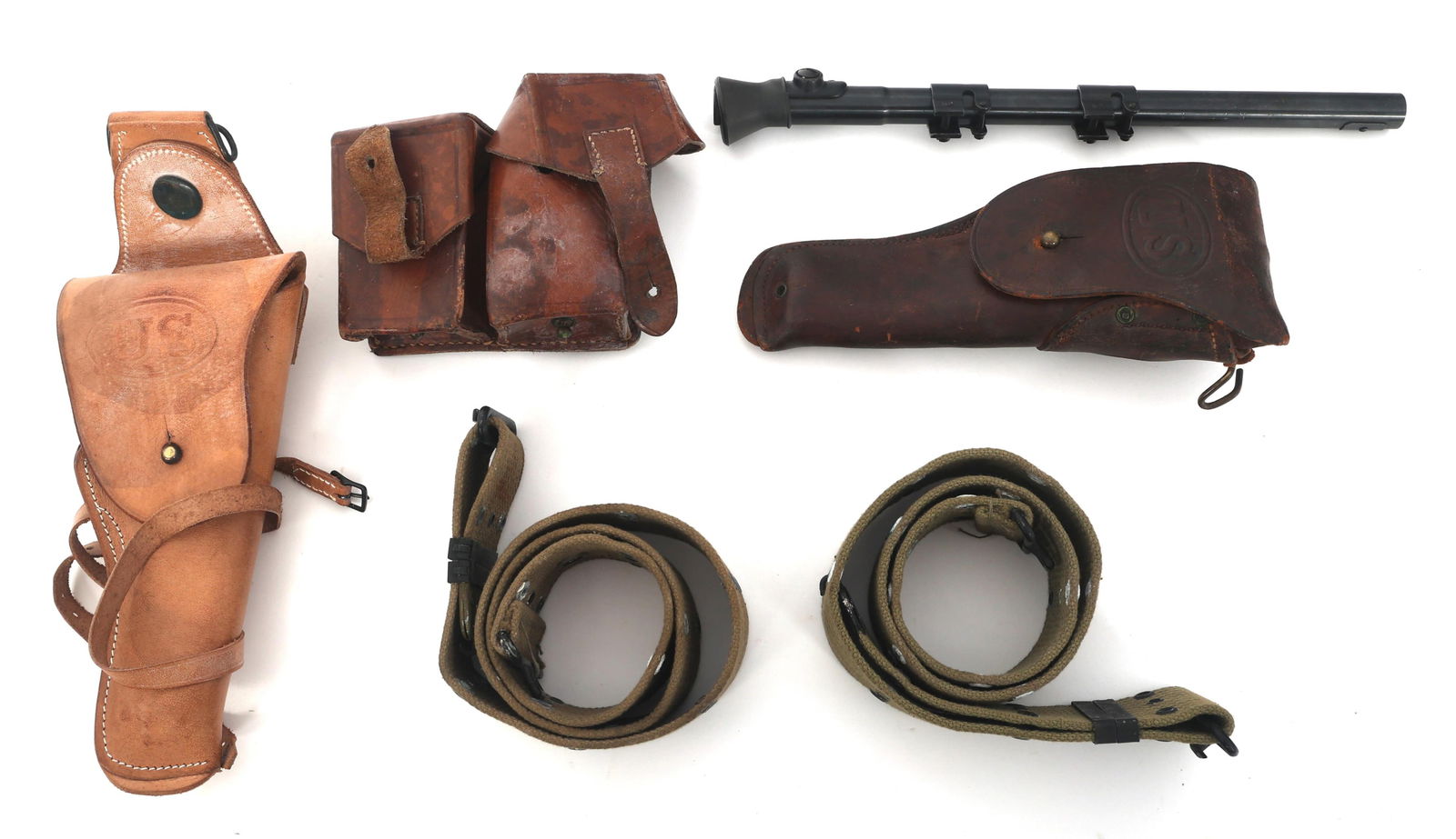 WWI - WWII US FIELD GEAR: WWI - WWII US FIELD GEAR WWI - WWII US Field gear lot. One M1916 holster stamped 1918 over W.J.D. on back. One modern production M1912 stamped Rock Island Arsenal over 1914 over W.P.G. Two US cartridg