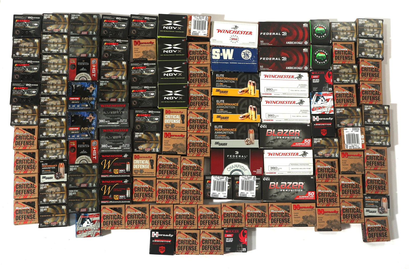 380 CALIBER AMMUNITION - 65 POUNDS TGW: 380 CALIBER AMMUNITION - 65 POUNDS TGW 65 pounds total gross weight of 380 caliber ammunition. Brands include Hornady, Winchester, and more. Weight includes all packaging. Boxes may be opened or parti