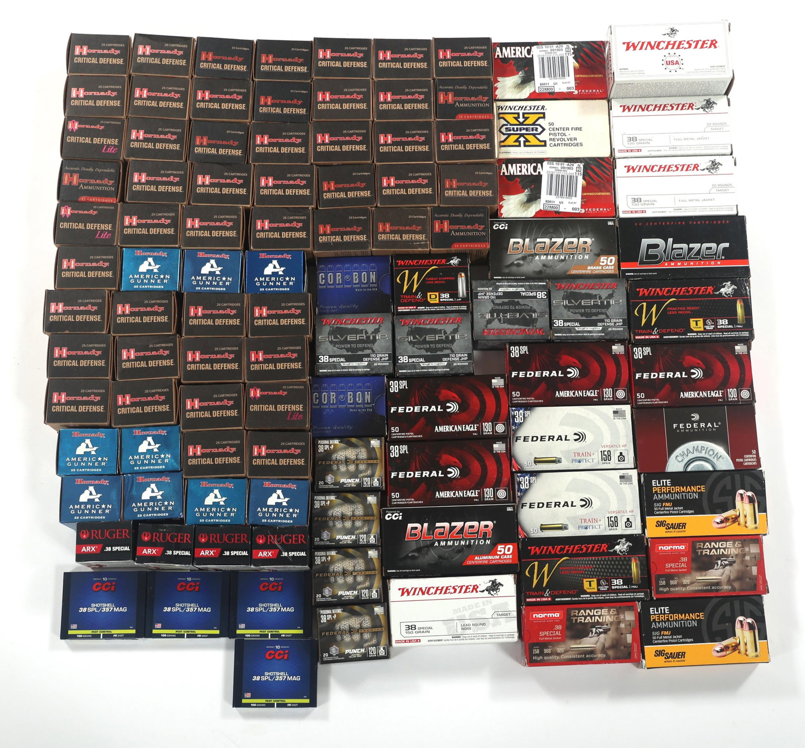 38 SPECIAL CALIBER AMMUNITION - 90 POUNDS TGW: 38 SPECIAL CALIBER AMMUNITION - 90 POUNDS TGW 90 pounds total gross weight of .38 special caliber ammunition. Brands include Hornady, Winchester, and more. Weight includes all packaging. Boxes may be 