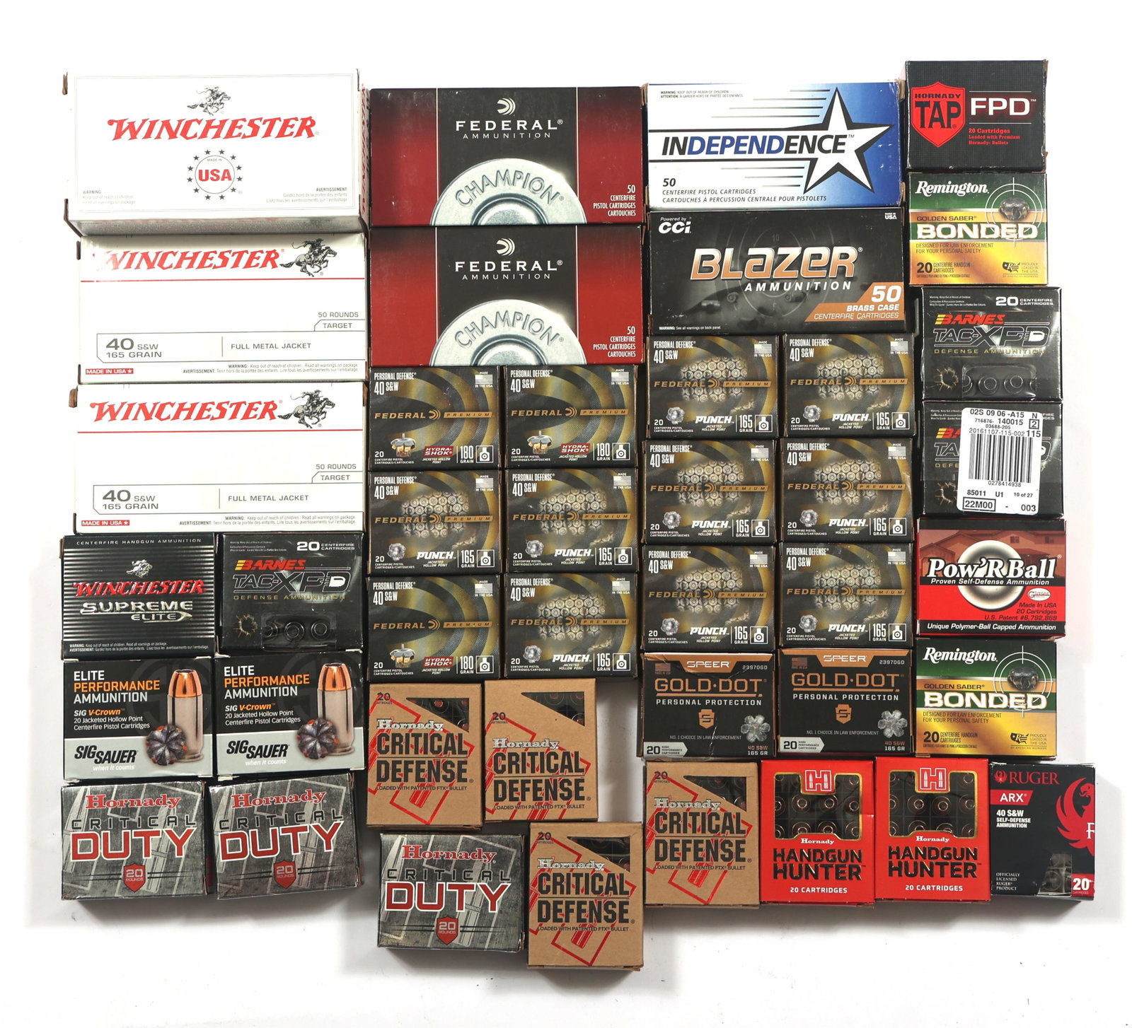 40 S&W CALIBER AMMUNITION - 37 POUNDS TGW: 40 S&W CALIBER AMMUNITION - 37 POUNDS TGW 37 pounds total gross weight of .40 S&W caliber ammunition. Brands include Winchester, Federal, and more. Weight includes all packaging. Boxes may be opened o