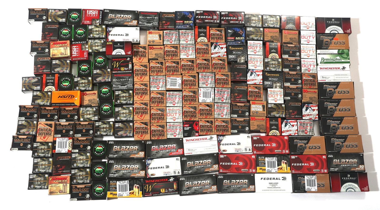 9MM CALIBER AMMUNITION - 140 POUNDS TGW: 9MM CALIBER AMMUNITION - 140 POUNDS TGW 140 pounds total gross weight of 9mm caliber ammunition. Brands include Federal, Winchester, Remington, and more. Weight includes all packaging. Boxes may be op