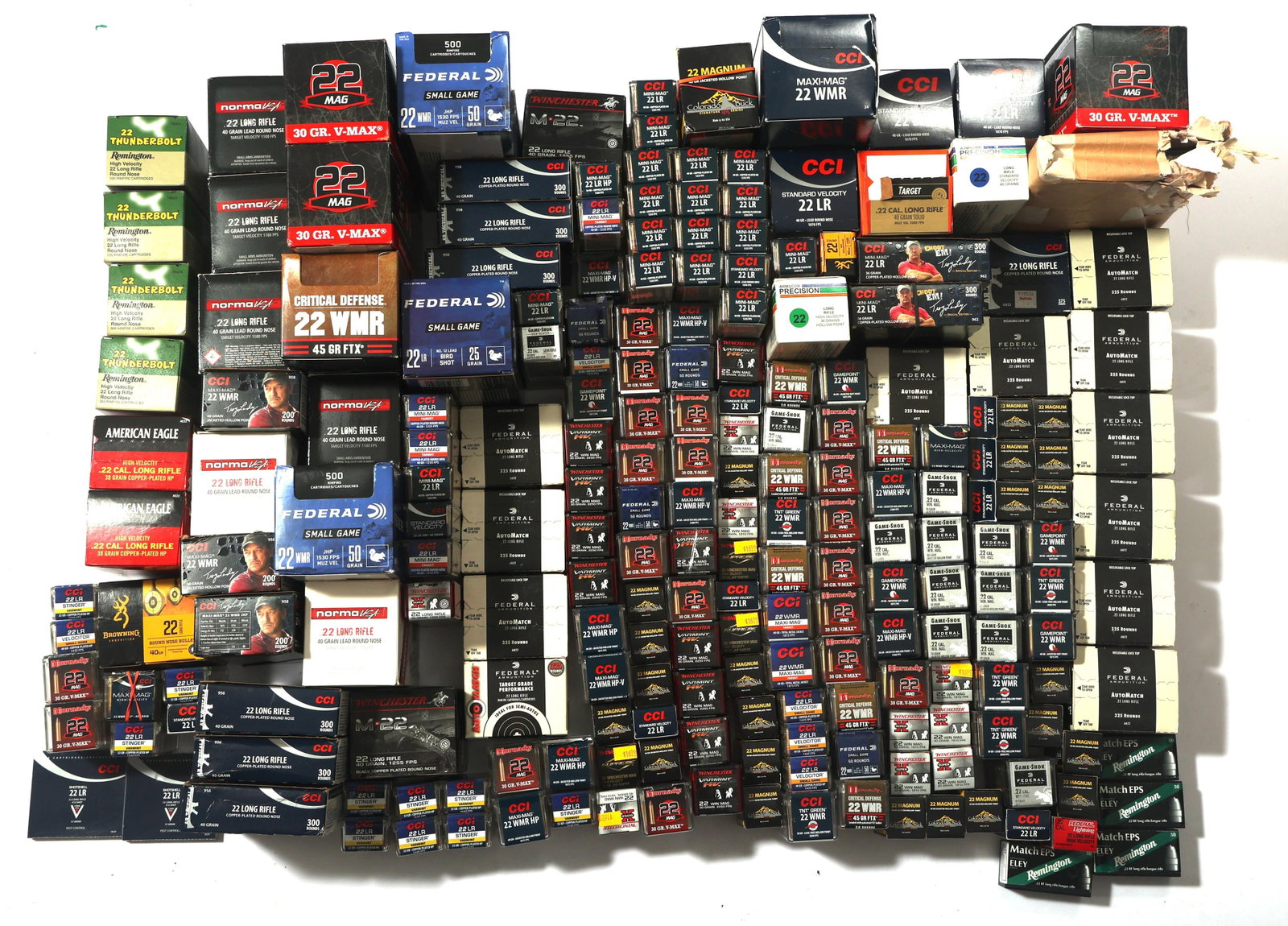 22 CALIBER AMMUNITION - 270 POUNDS TGW: 22 CALIBER AMMUNITION - 270 POUNDS TGW 270 pounds total gross weight of mixed 22 caliber ammunition. Brands include Federal, CCI, and more. Weight includes all packaging. Boxes may be opened or partia