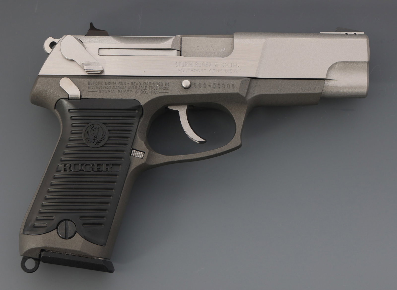RUGER MODEL P90 45 ACP CALIBER SEMI AUTO PISTOL: RUGER MODEL P90 45 ACP CALIBER SEMI AUTO PISTOL Ruger Model P90 .45 ACP caliber semi automatic pistol. Stainless finish. Fixed sights. Composite grips. Two magazines. Original Ruger hard case with own