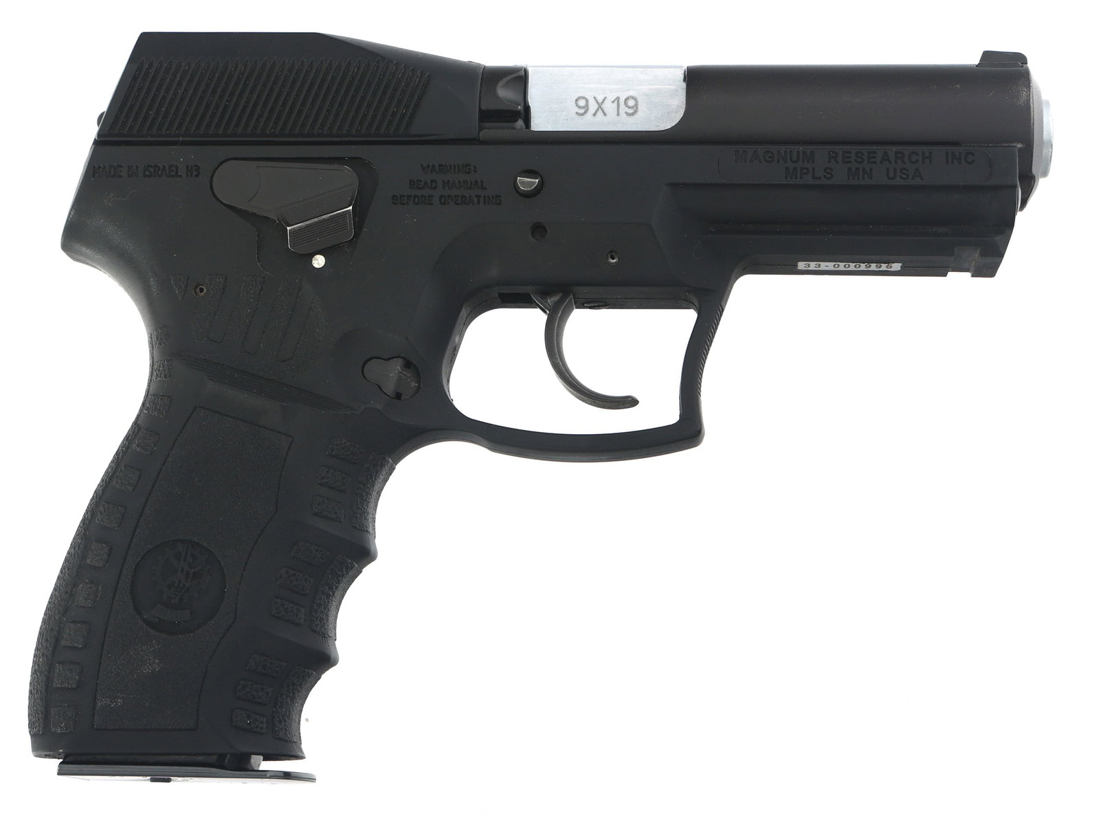 IMI MODEL SP-21 BARAK 9x19mm CALIBER PISTOL: IMI MODEL SP-21 BARAK 9x19mm CALIBER PISTOL IMI Model SP-21 Barak 9x19mm caliber semi-automatic pistol. Magnum Research import. Polymer frame with textured grips. Fixed sights. Two magazines. TAAS har