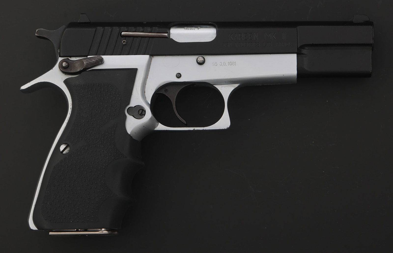 KSN MODEL KAREEN Mk II 9x19mm CALIBER PISTOL: KSN MODEL KAREEN Mk II 9x19mm CALIBER PISTOL KSN Industries Model Kareen Mk II 9x19mm Caliber semi automatic pistol. Mach 1 import mark. Two tone finish. Three dot sights. Hogue grip. One magazine. Ca