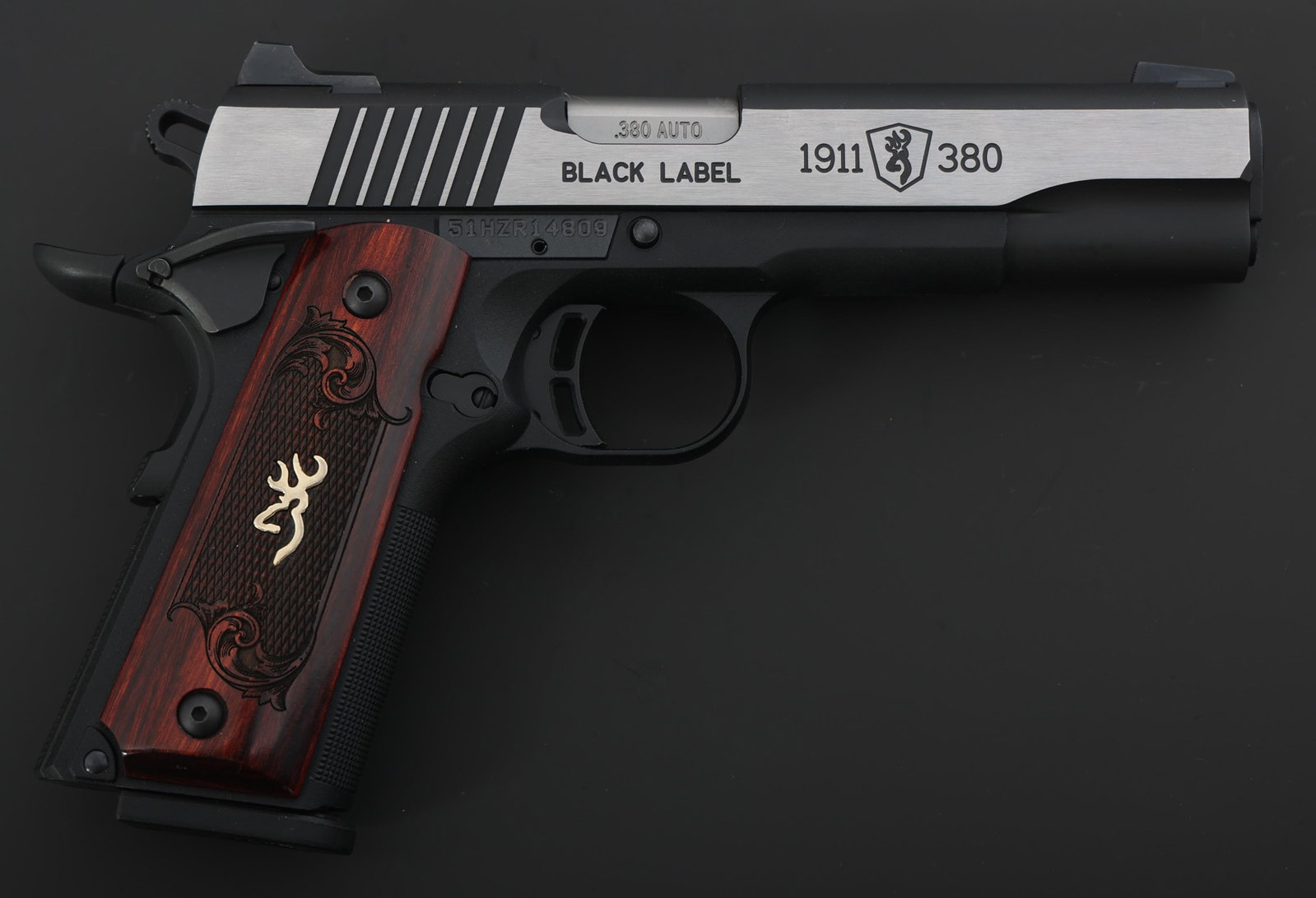 BROWNING MODEL 1911-380 .380 AUTO CALIBER PISTOL: BROWNING MODEL 1911-380 .380 AUTO CALIBER PISTOL Browning Model 1911-380 Black Label Medallion Pro .380 Auto caliber semi-automatic pistol. Polymer frame with textured grips. Checkered Browning wood g