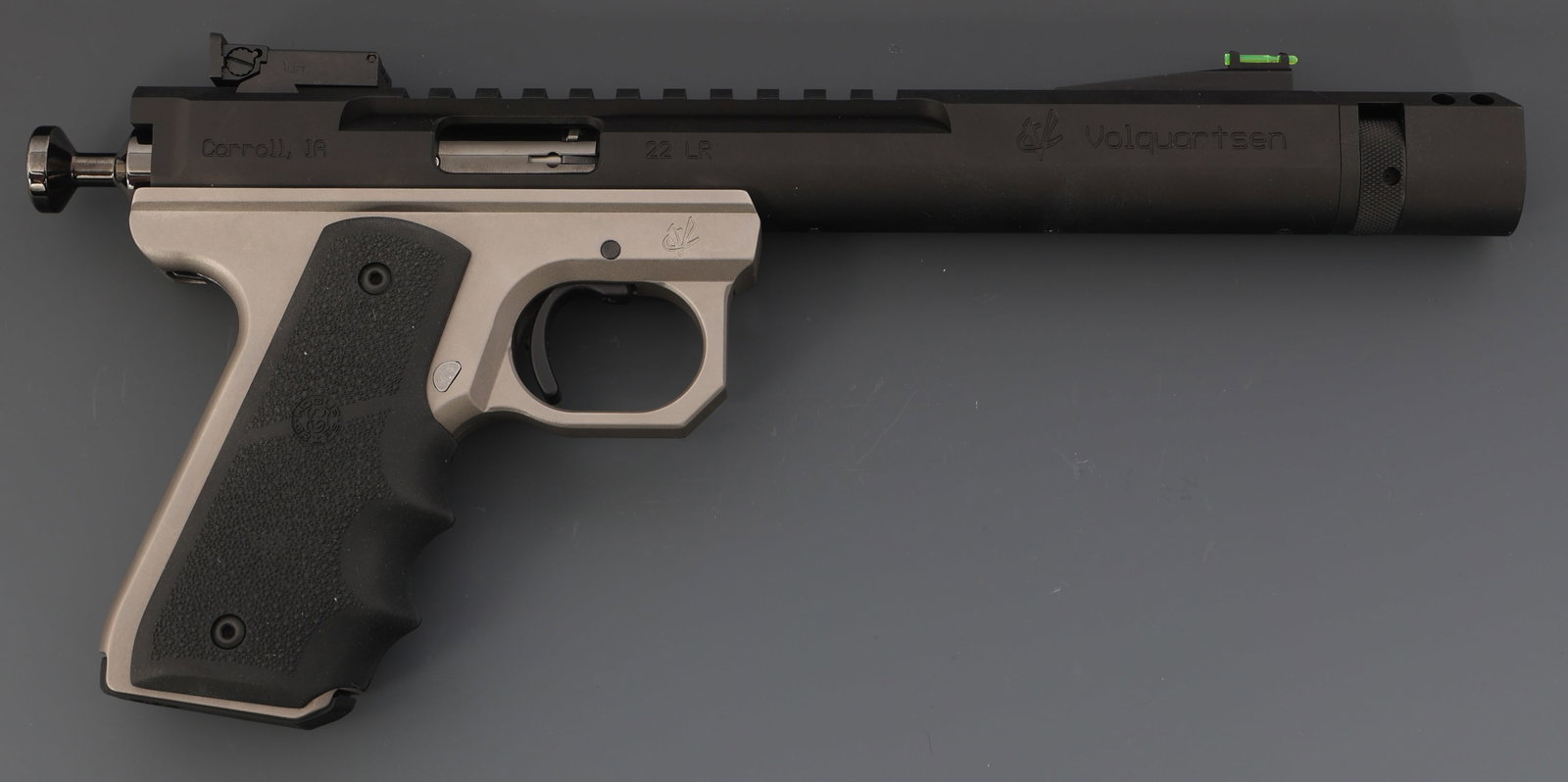 VOLQUARTSEN MODEL SCORPION .22 LR TARGET PISTOL: VOLQUARTSEN MODEL SCORPION .22 LR TARGET PISTOL Volquartsen Model Scorpion .22 LR caliber semi-automatic target pistol. Textured rubber grips. Blade front sight. Adjustable rear sight. Two magazines. 