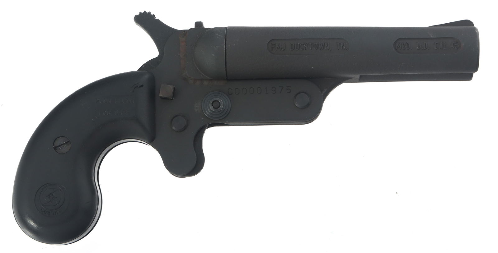 FMJ MODEL DD .45 LC / .410 GA CALIBER DERRINGER: FMJ MODEL DD .45 LC / .410 GA CALIBER DERRINGER FMJ Model DD .45 Long Colt / .410 Gauge caliber derringer. 3 inch chamber. Cobray polymer grips. Fixed sights. Caliber / Gauge: 45 LC / 410 Barrel Lengt