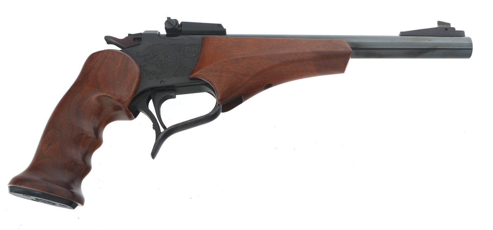 THOMPSON CENTER MODEL CONTENDER .45 / .410 PISTOL: THOMPSON CENTER MODEL CONTENDER .45 / .410 PISTOL Thompson Center Arms Model Contender .45 Long Colt / .410 Gauge caliber breech loading pistol. Engraved receiver. Wood grip and forend. Blade front si
