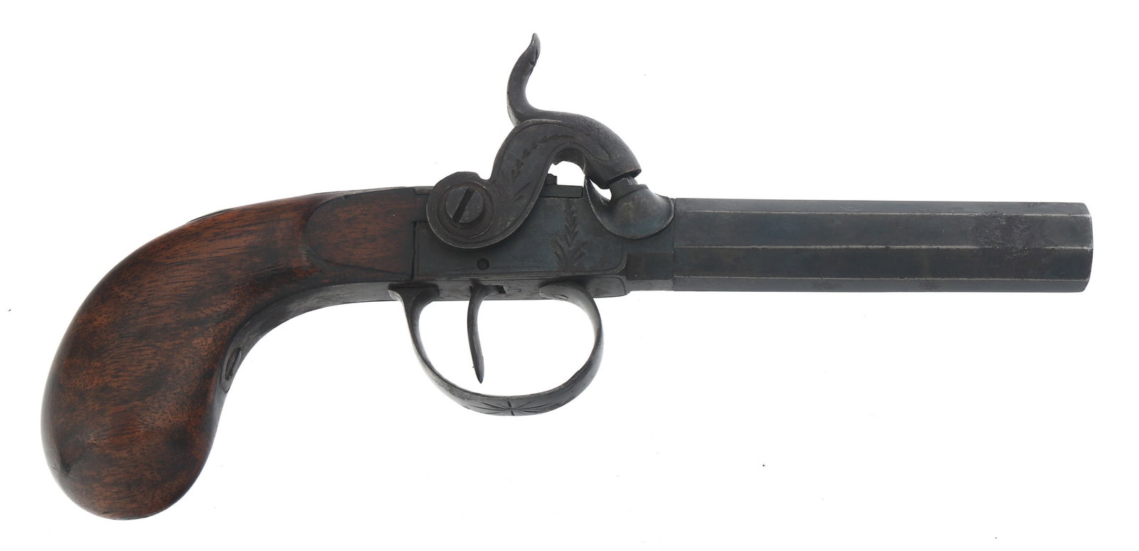 BELGIAN .45 CALIBER PERCUSSION BOOT PISTOL: BELGIAN .45 CALIBER PERCUSSION BOOT PISTOL Belgian .45 caliber percussion boot pistol. 3.25 inch octagonal barrel. Engraved frame and hammer. Wood grips. Caliber / Gauge: 45 Barrel Length: 3.25"
