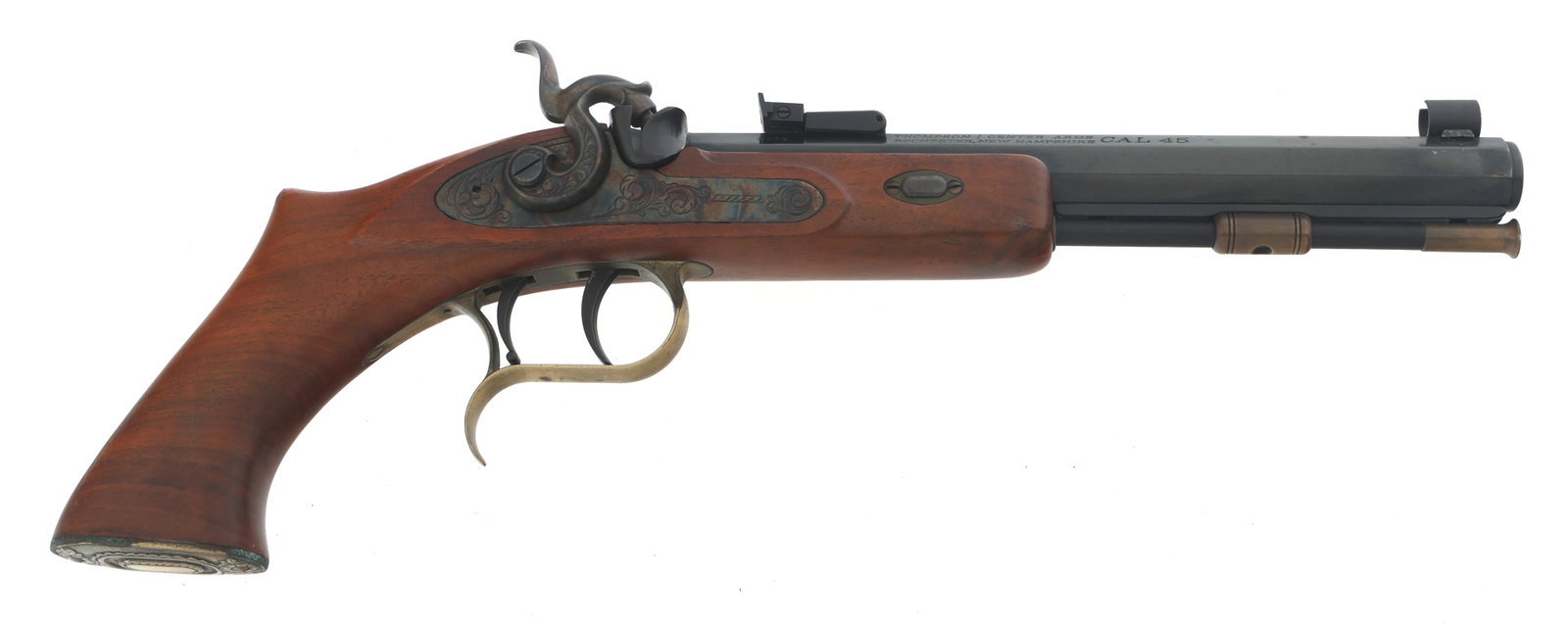 THOMPSON CENTER MODEL PATRIOT .45 CALIBER PISTOL: THOMPSON CENTER MODEL PATRIOT .45 CALIBER PISTOL Thompson Center Arms Model Patriot .45 caliber percussion pistol. 9 inch octagonal barrel. Engraved side plate. Wood stock. Ram rod. Protected blade fr