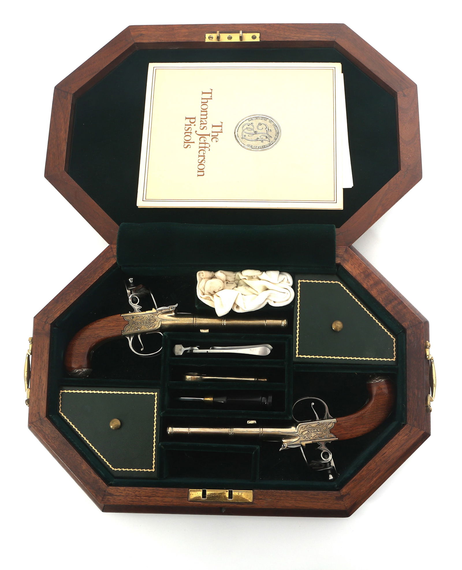 US HISTORICAL SOCIETY THOMAS JEFFERSON PISTOL PAIR: US HISTORICAL SOCIETY THOMAS JEFFERSON PISTOL PAIR United States Historical Society Commemorative Thomas Jefferson flintlock pistol pair. Engraved frames with Dealtry on the left side and London on th