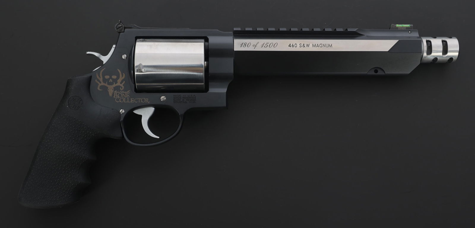 SMITH & WESSON MODEL 460 BONE COLLECTOR REVOLVER: SMITH & WESSON MODEL 460 BONE COLLECTOR REVOLVER Smith & Wesson Model 460 Bone Collector Performance Center .460 S&W Magnum caliber DA revolver. Right side of barrel stamped 180 of 1500. Five-shot smo