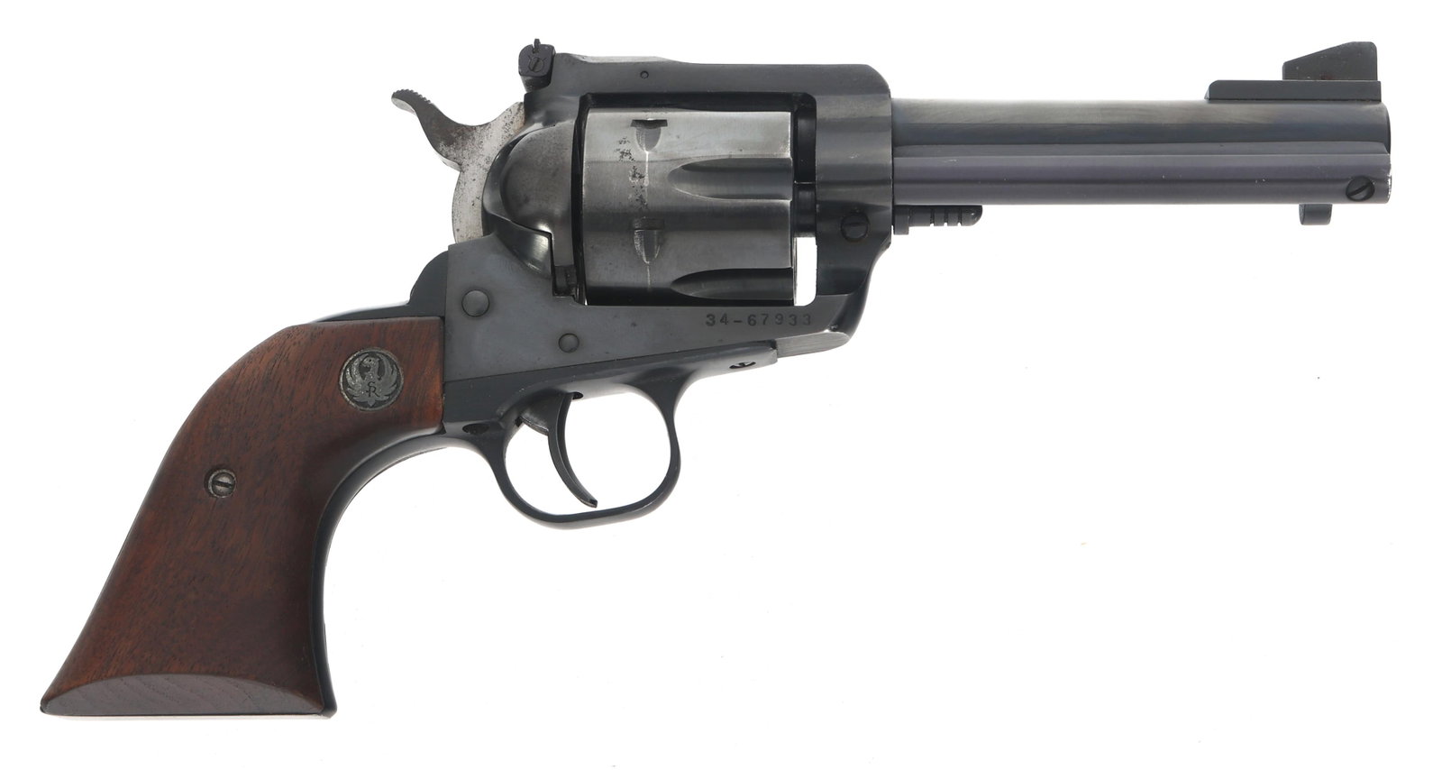 RUGER NEW MODEL BLACKHAWK .357 MAGNUM SA REVOLVER: RUGER NEW MODEL BLACKHAWK .357 MAGNUM SA REVOLVER Ruger New Model Blackhawk .357 Magnum caliber SA revolver. Six-shot fluted cylinder. Wood grips with Ruger medallions. Blade front sight. Adjustable r