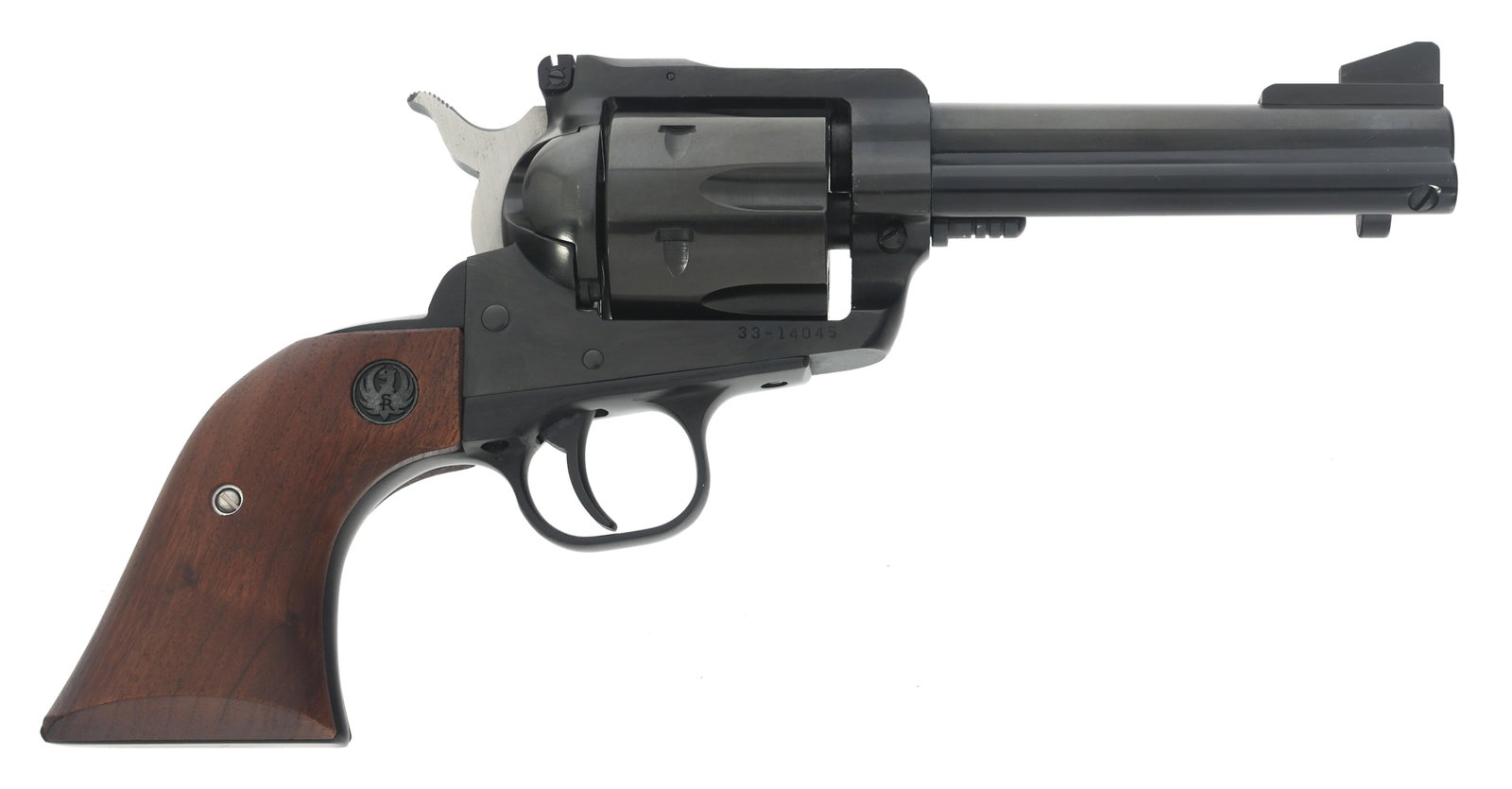 RUGER NEW MODEL BLACKHAWK 357 MAG CALIBER REVOLVER: RUGER NEW MODEL BLACKHAWK 357 MAG CALIBER REVOLVER 1976 Ruger New Model Blackhawk .357 magnum caliber SA revolver. Blued finish. Ramp front sight. Adjustable rear sight. Six shot fluted cylinder. Wood