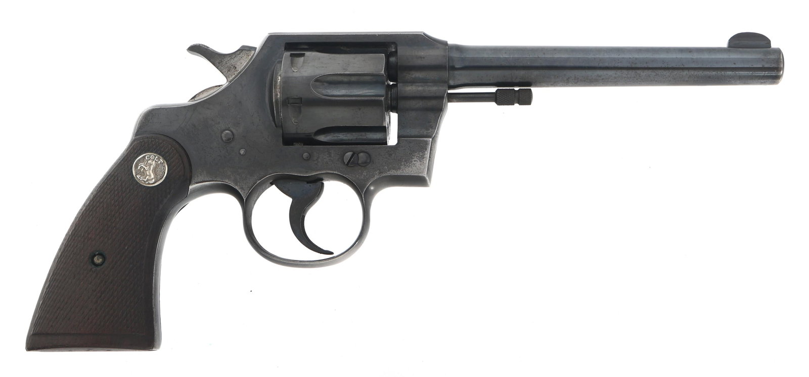 COLT MODEL OFFICIAL POLICE .22 LR CALIBER REVOLVER: COLT MODEL OFFICIAL POLICE .22 LR CALIBER REVOLVER Colt Model Official Police .22 LR caliber DA revolver. Blued finish. Fixed sights. Six shot fluted cylinder. Checkered wood grips with Colt medallion