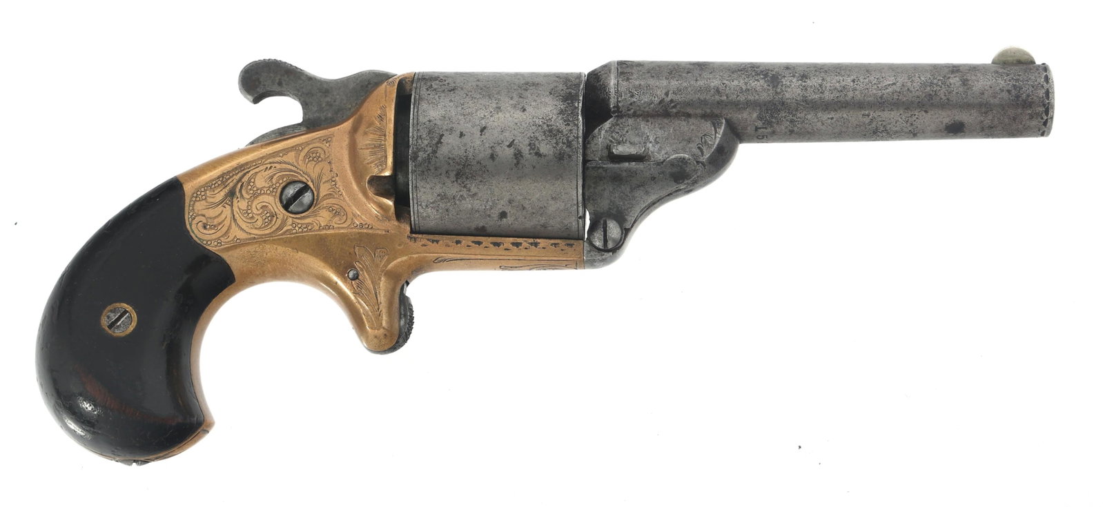 MOORES PATENT FIREARMS FRONT LOADING .32 REVOLVER: MOORES PATENT FIREARMS FRONT LOADING .32 REVOLVER Moore's Patent Firearms Company front loading .32 caliber SA revolver. Top of barrel stamped Moore's Patent Firearms Co. Brooklyn, NY. Frame, grips, a