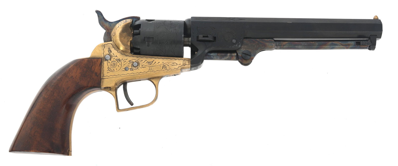 FIE MODEL 1851 .31 CALIBER PERCUSSION REVOLVER: FIE MODEL 1851 .31 CALIBER PERCUSSION REVOLVER FIE Model 1851 .31 caliber percussion revolver. Engraved barrel, frame and stage coach scene on cylinder. Fixed sights. Wood grips. Caliber / Gauge: 31 B