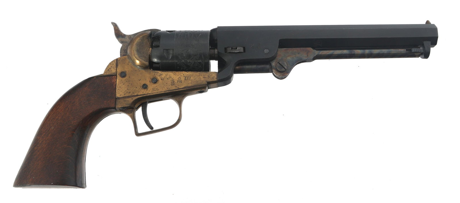 UBERTI MODEL 1849 POCKET .31 CALIBER REVOLVER: UBERTI MODEL 1849 POCKET .31 CALIBER REVOLVER Uberti Model 1849 Pocket .31 caliber SA percussion revolver. 6 inch octagonal barrel. Five-shot, stage coach scene engraved cylinder. Wood grips. Fixed si