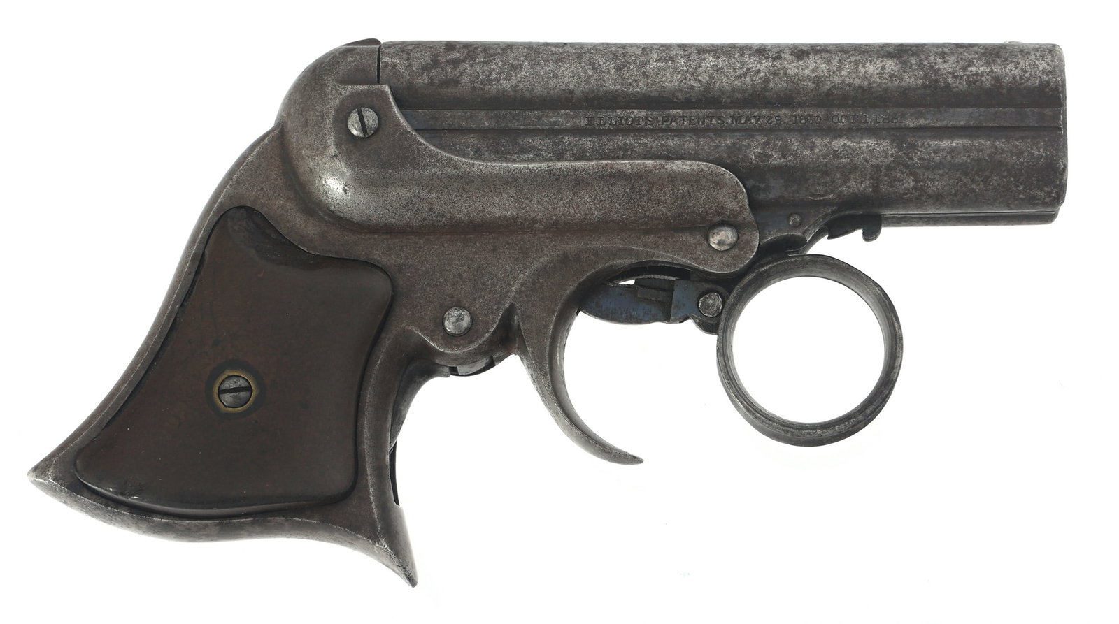 REMINGTON ELLIOT .32 RF CALIBER PEPPERBOX PISTOL: REMINGTON ELLIOT .32 RF CALIBER PEPPERBOX PISTOL Remington Elliot Patent .32 RF caliber 4 shot ring trigger pepperbox pistol. Manufactured by Remington & Sons Ilion N.Y. stamped on left barrel rib. Ri