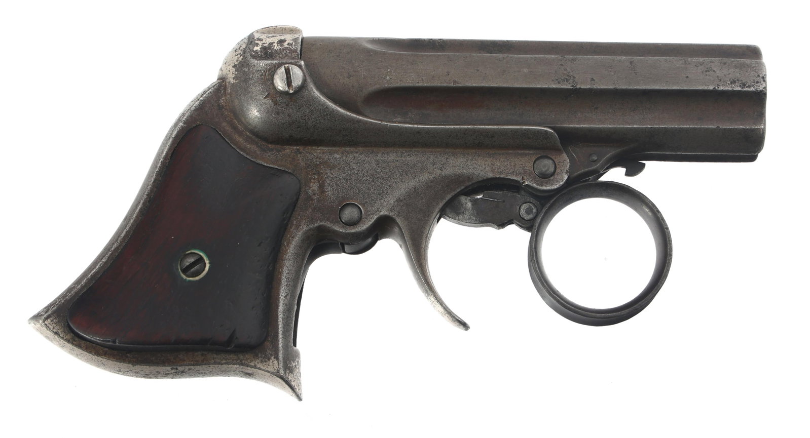 REMINGTON ELLIOT .22 CALIBER PEPPERBOX PISTOL: REMINGTON ELLIOT .22 CALIBER PEPPERBOX PISTOL Remington Elliot Patent .22 caliber 5 shot ring trigger pepperbox pistol. Top of barrel stamped Manufactured by E. Remington and Sons over Elliot's Patent