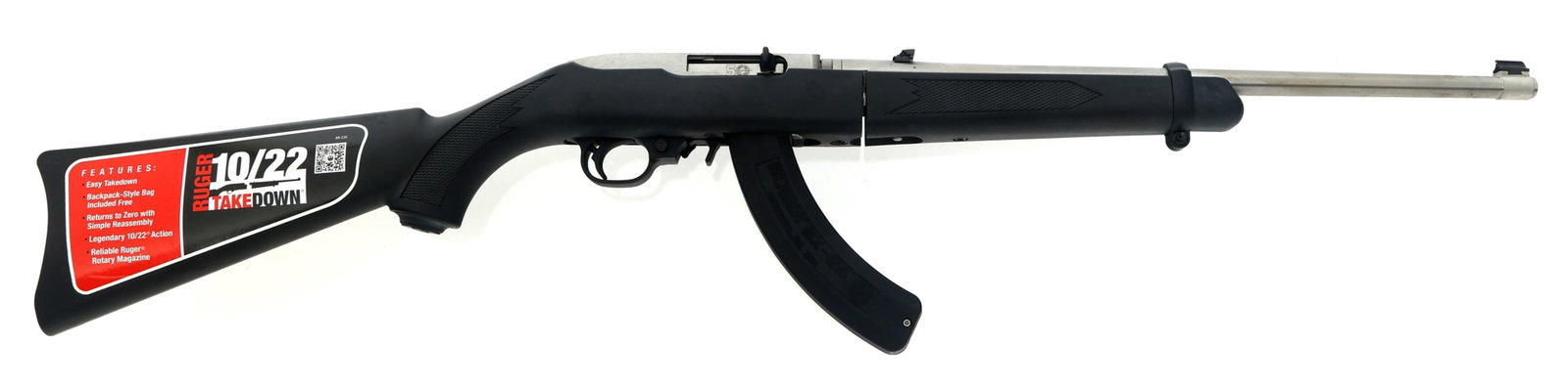 RUGER MODEL 10/22 .22 LR CALIBER TAKEDOWN CARBINE: RUGER MODEL 10/22 .22 LR CALIBER TAKEDOWN CARBINE Ruger Model 10/22 .22 LR caliber semi-automatic takedown carbine. Checkered polymer stock. One magazine. Blade front sight. Flip up rear sight. Calibe