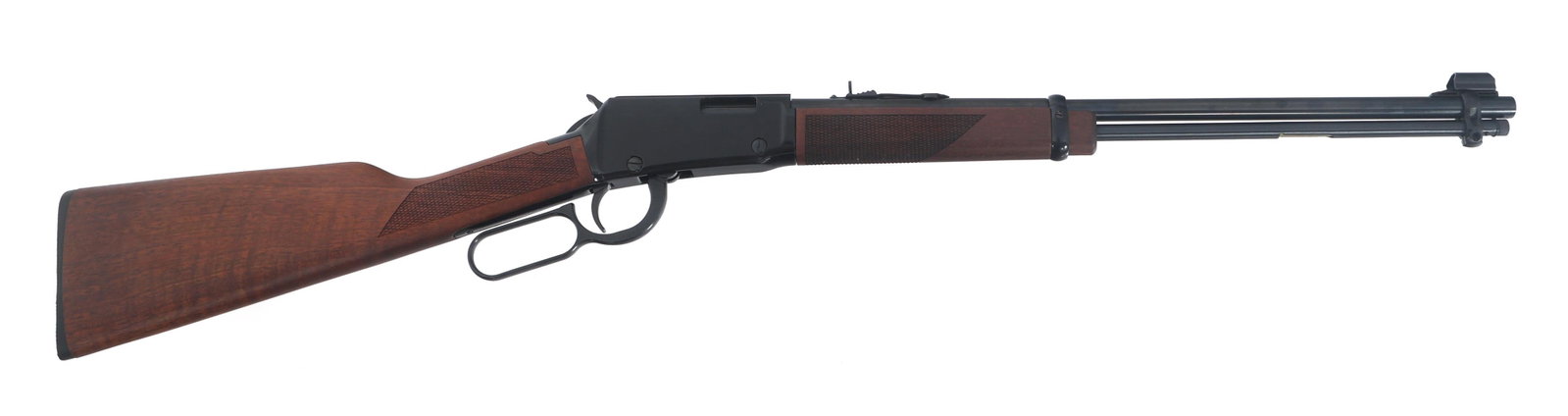 HENRY MODEL H001M LEVER ACTION .22 MAGNUM RIFLE: HENRY MODEL H001M LEVER ACTION .22 MAGNUM RIFLE Henry Model H001M Classic Lever Action .22 magnum rifle. Blued finish. Hooded front sight. Adjustable rear sight. Checkered wood stock. Original Henry c