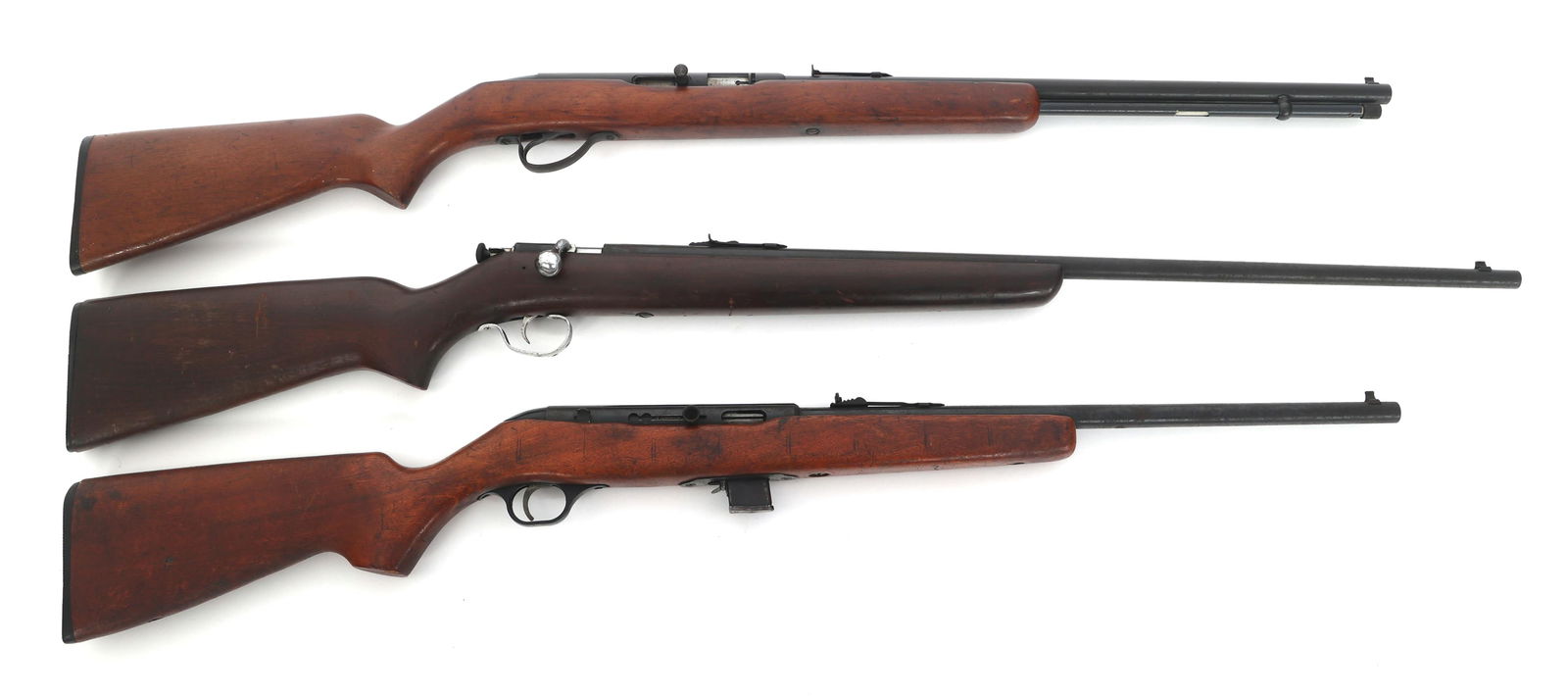 WINCHESTER, WESTERN FIELDS, & SAVAGE 22 CAL RIFLES: WINCHESTER, WESTERN FIELDS, & SAVAGE 22 CAL RIFLES Lot of three .22 caliber rifles. A) Winchester Model 67A .22 S-L-LR caliber single shot bolt action rifle. Blued finish. Blade front sight. Adjustabl