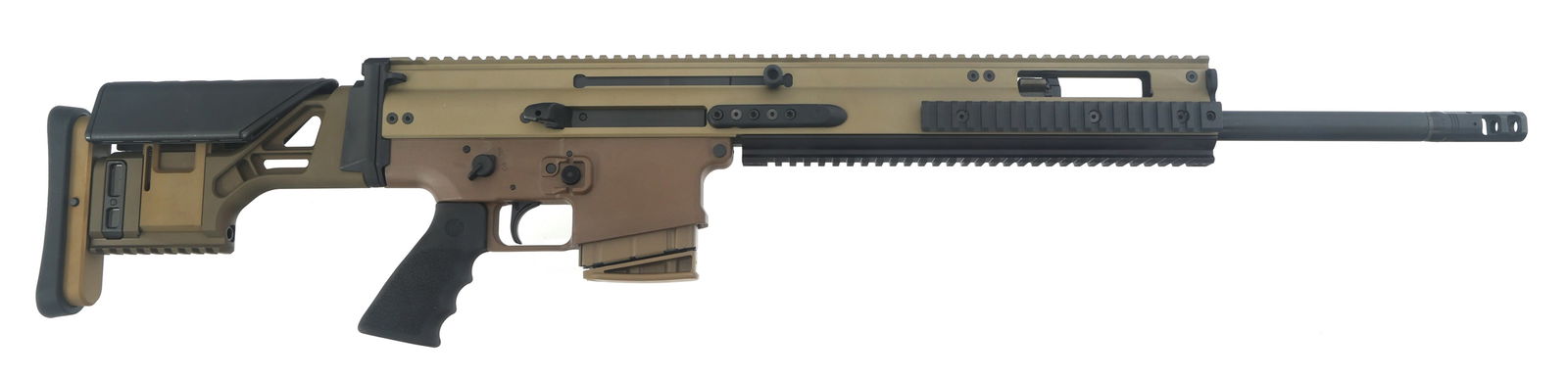 FN MODEL SCAR 20S 7.62x51mm CALIBER RIFLE: FN MODEL SCAR 20S 7.62x51mm CALIBER RIFLE FN Model SCAR 20S 7.62x51mm caliber semi-automatic rifle. Steel stock with recoil pad. Textured rubber pistol grip. One magazine. Factory cardboard box with l