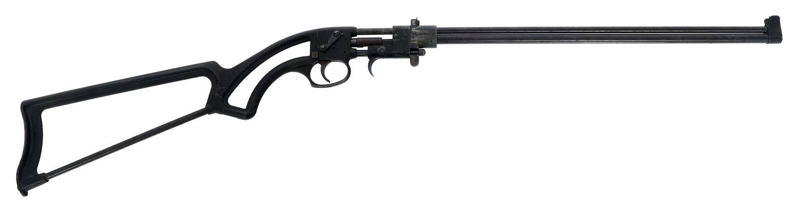FIREARMS INTERNATIONAL BRONCO .22 CALIBER RIFLE: FIREARMS INTERNATIONAL BRONCO .22 CALIBER RIFLE Firearms International Co. Bronco .22 S-L-LR caliber single shot takedown rifle. Matte black finish. Fixed sights. Firearms Int'l Corp / Washington D.C.