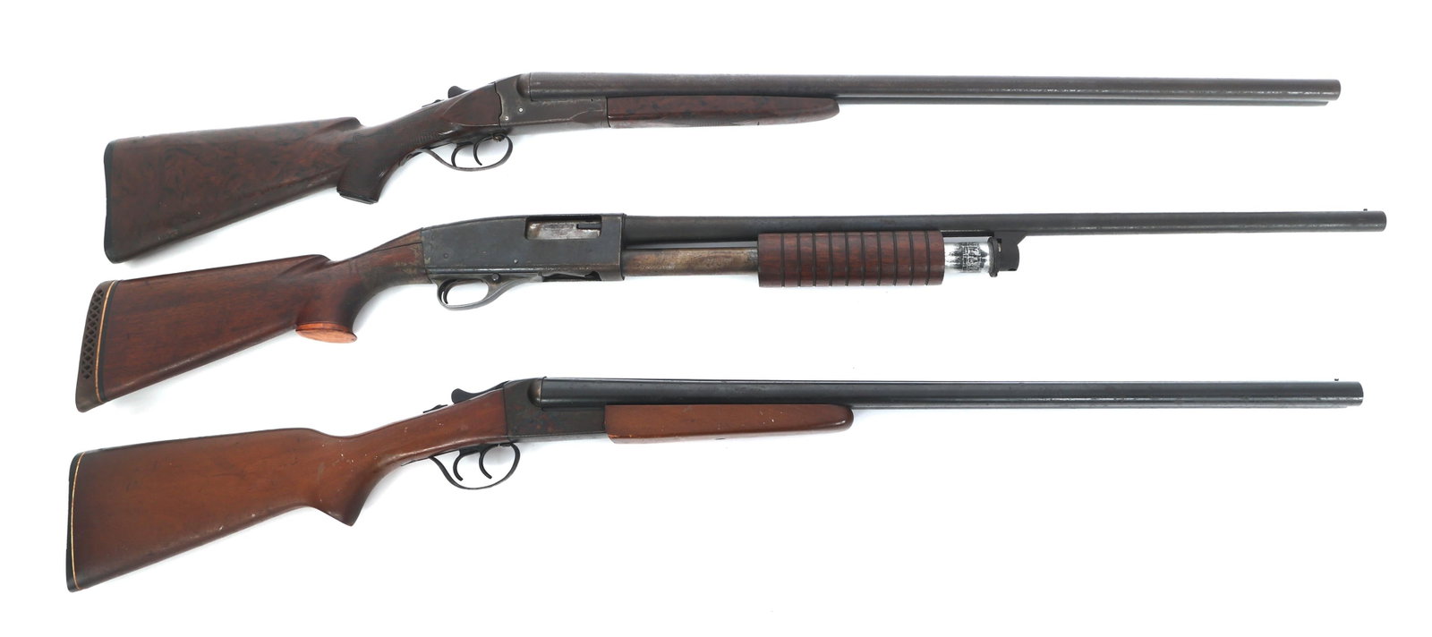 STEVENS, REVELATION, & WESTERN FIELD SHOTGUNS: STEVENS, REVELATION, & WESTERN FIELD SHOTGUNS Lot of three shotguns. A) J. Stevens 12 gauge Side by Side shotgun. 2 3/4 inch chamber. Modified choke right barrel. Improved Modified choke left barrel. 