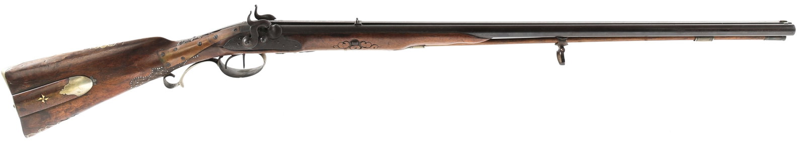 CHRISTIAN KORBER PERCUSSION CAPE GUN: CHRISTIAN KORBER PERCUSSION CAPE GUN Christian Korber percussion Cape Gun. Side by side 20 gauge shotgun and 13mm rifle barrels. Barrel rib engraved "Christ: Korber in Ingetfingen". Wood stock inlaid 