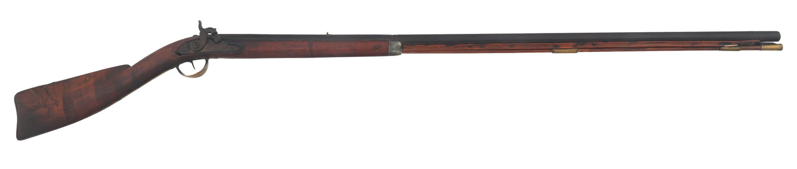 A. MONROE .64 CALIBER HALF STOCK PERCUSSION MUSKET: A. MONROE .64 CALIBER HALF STOCK PERCUSSION MUSKET A. Monroe .64 caliber half stock percussion musket. A. Monroe stamped on left side plate. 41.5" half octagonal barrel. Brass rear sight, trigger guar