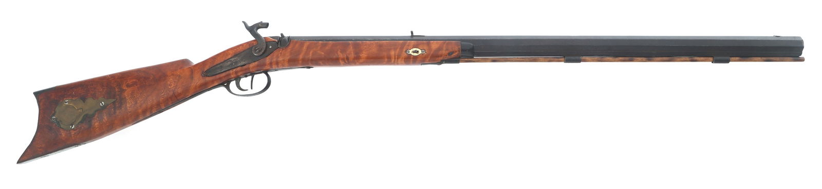 J. KELLER HALF STOCK .50 CALIBER PERCUSSION RIFLE: J. KELLER HALF STOCK .50 CALIBER PERCUSSION RIFLE J. Keller half stock .50 caliber percussion conversion rifle. Fixed sights. Wood stock. Patchbox on right side of butt stock. Steel butt plate. Ram ro