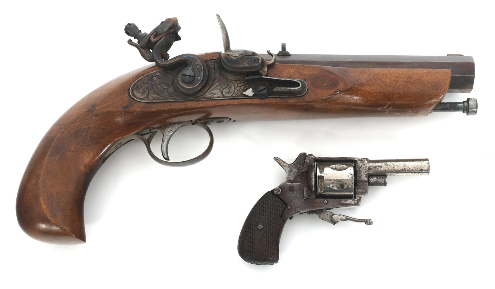 FLINTLOCK PISTOL & 6mm REVOVLER FOR PARTS/REPAIR: FLINTLOCK PISTOL & 6mm REVOVLER FOR PARTS/REPAIR Two handguns for parts or repair. (A) Flintlock. 6.5" octagonal barrel. 44 caliber. Fixed sights. Wood stock. (B) Folding trigger revolver. 6mm caliber