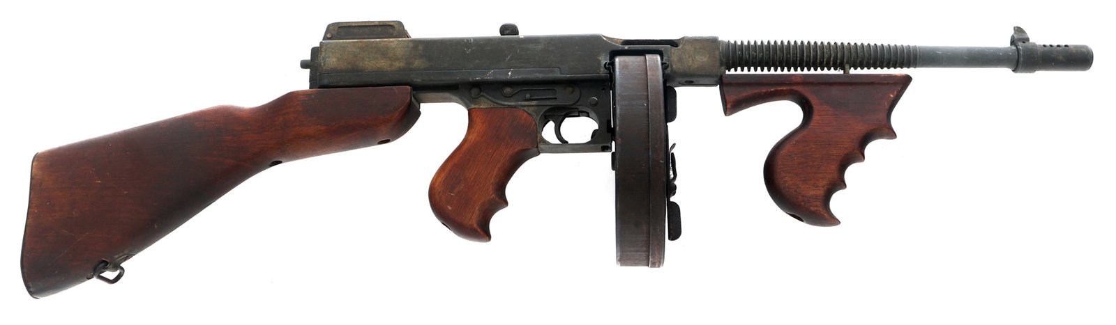 MGC THOMPSON SUBMACHINE GUN MODEL: MGC THOMPSON SUBMACHINE GUN MODEL MGC Model Thompson 1921 Submachine gun model. Wood and metal construction. Functional bolt, trigger, magazine release, safety switch and rear sight. Blocked barrel. O