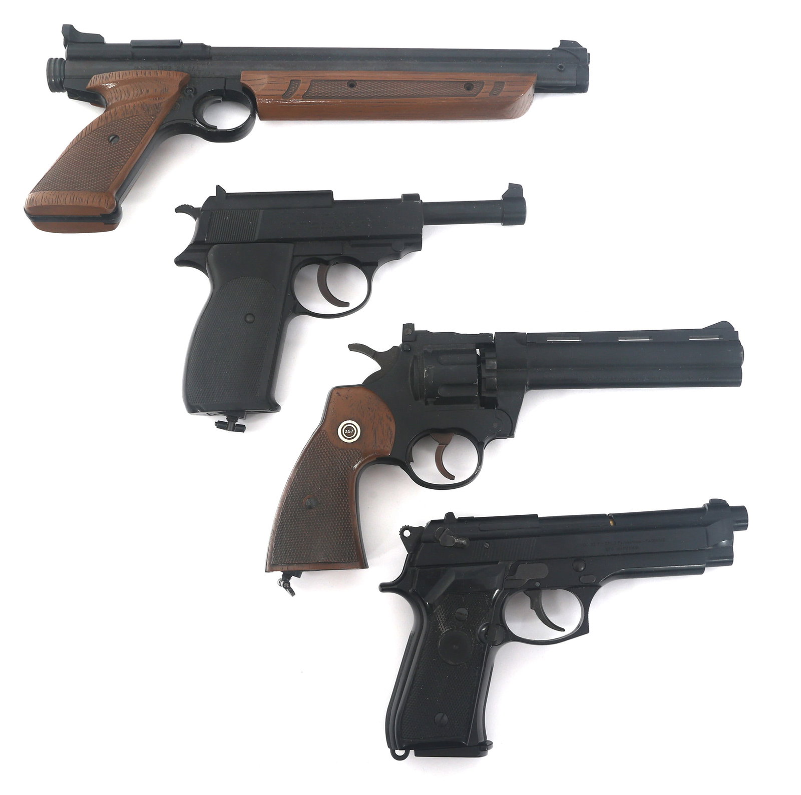CROSMAN AND MARUSHIN AIR PISTOLS: CROSMAN AND MARUSHIN AIR PISTOLS Four Crosman and Marushin air pistols. Crossman models include Medalist, 357, and 338 auto. Marushin 92 F gas gun. Caliber / Gauge: 177