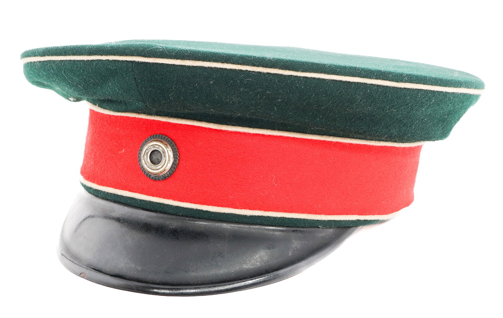 IMPERIAL GERMAN 11th HUSSAR REGT SCHIRMMUTZE HAT: IMPERIAL GERMAN 11th HUSSAR REGT SCHIRMMUTZE HAT Imperial German Braunschweig 11th Hussar Regiment Officer Schirmmutze Cap. Green wool construction with white piping and red band. Prussian officer coc