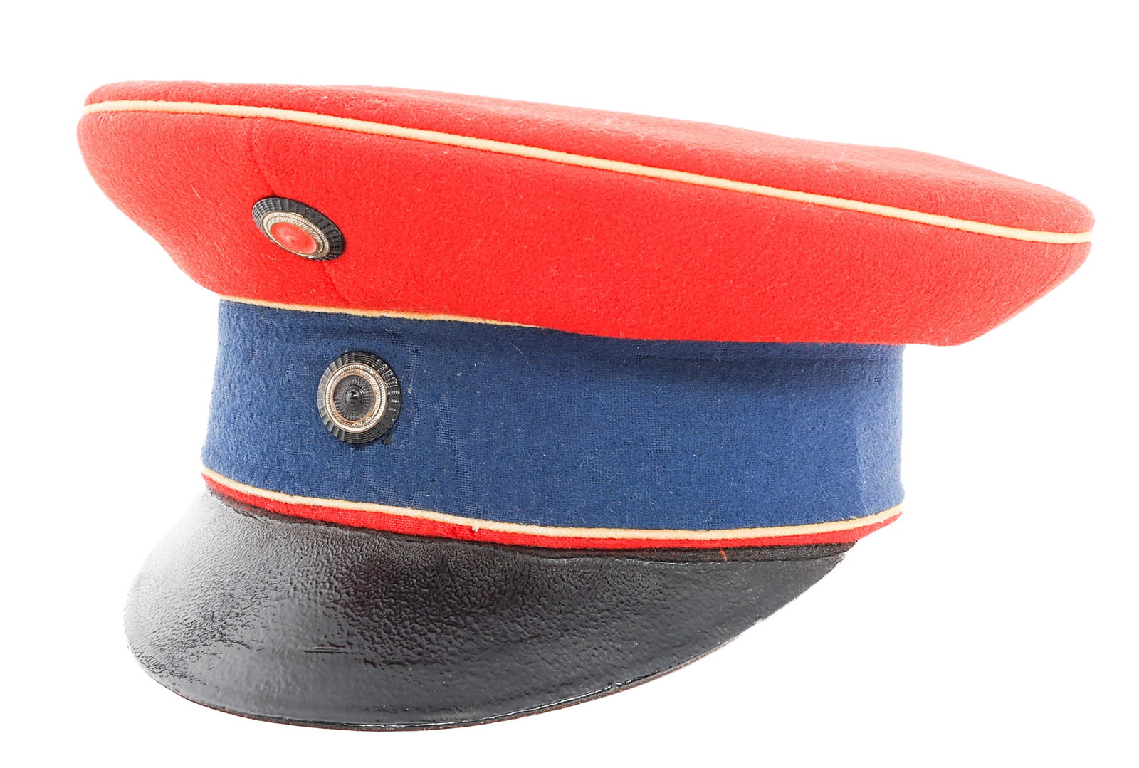 IMPERIAL GERMAN LIFE HUSSAR REGT SCHIRMMUTZE HAT: IMPERIAL GERMAN LIFE HUSSAR REGT SCHIRMMUTZE HAT Imperial German Life Hussar Regiment (Potsdam) Officer Schirmmutze Cap. Red wool construction with yellow piping and dark blue band. Prussian Officer a