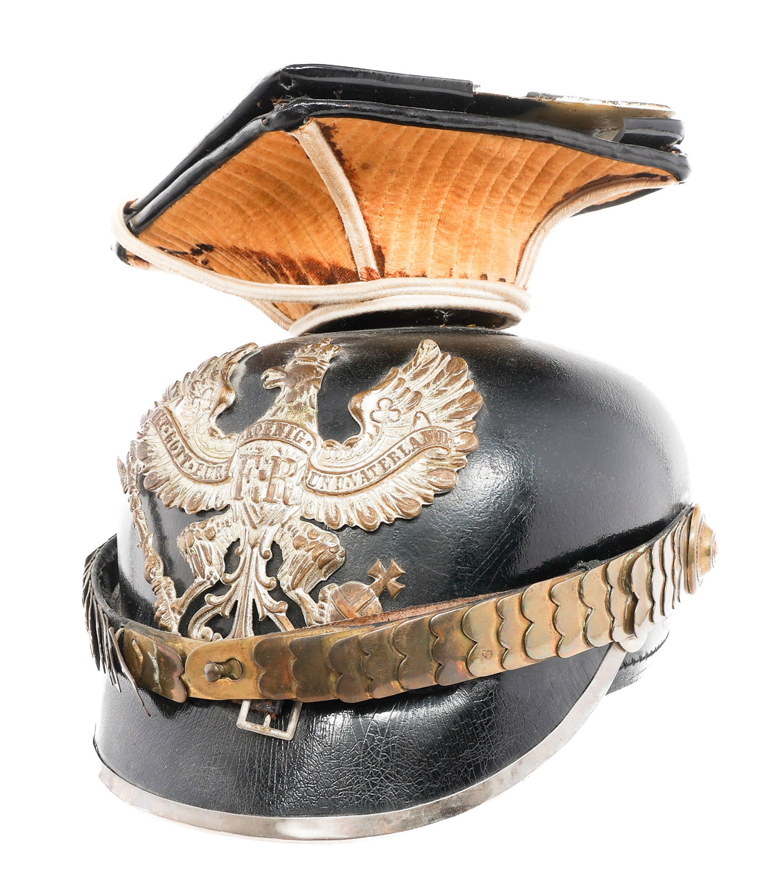 IMPERIAL GERMAN PRUSSIAN UHLAN NCO CZAPKA: IMPERIAL GERMAN PRUSSIAN UHLAN NCO CZAPKA Imperial German Prussian Uhlan NCO Czapka. Yellow cloth and leather covered top with hook and chord. Leather covered hard shell. Prussian front plate with Nat