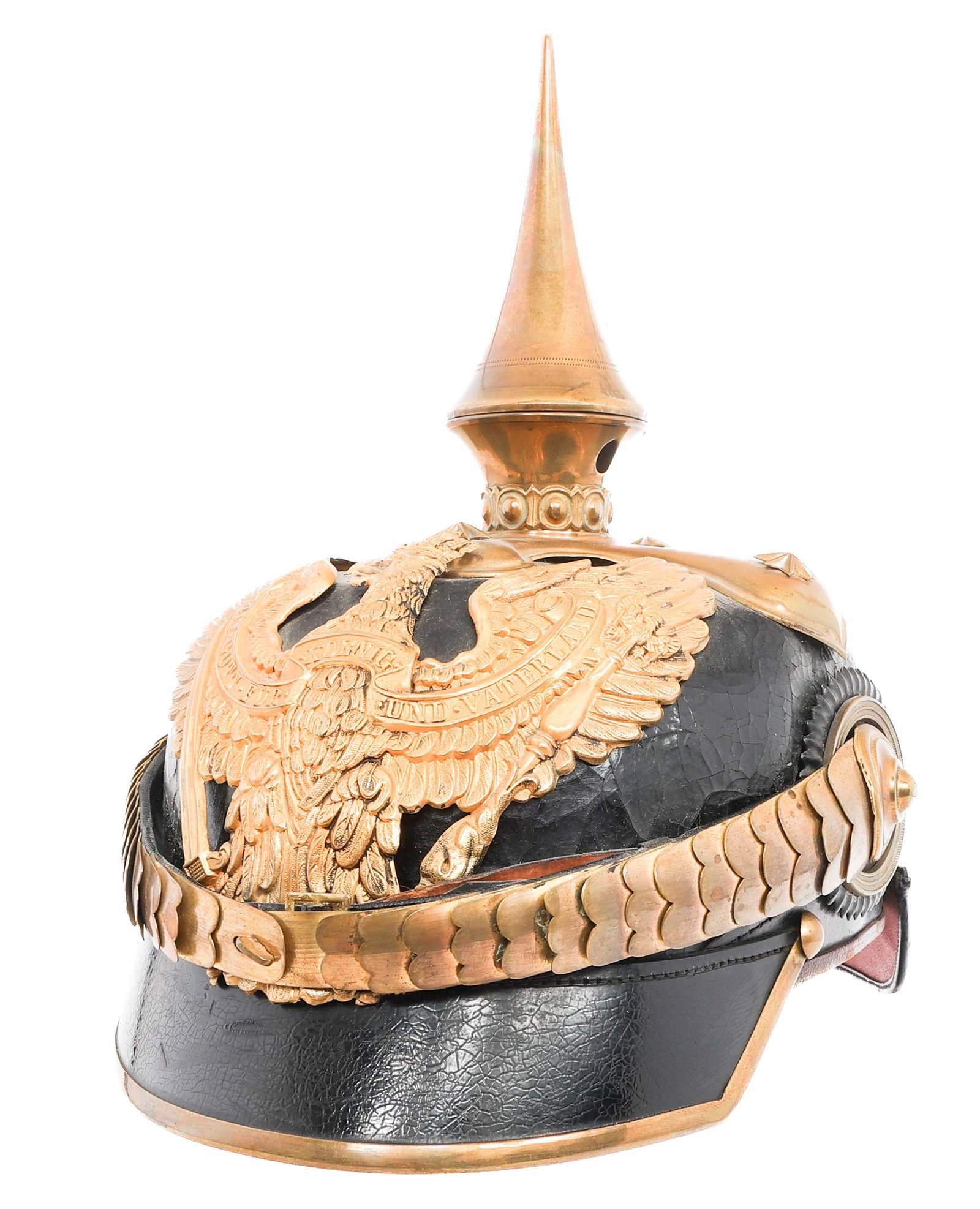 GERMAN PRUSSIAN DRAGOON OFFICER PICKELHAUBE: GERMAN PRUSSIAN DRAGOON OFFICER PICKELHAUBE Imperial German Prussian Dragoon Officer Pickelhaube Helmet. Black leather hard shell with gilded brass visor trim, rear spine and removable spike. Prussian