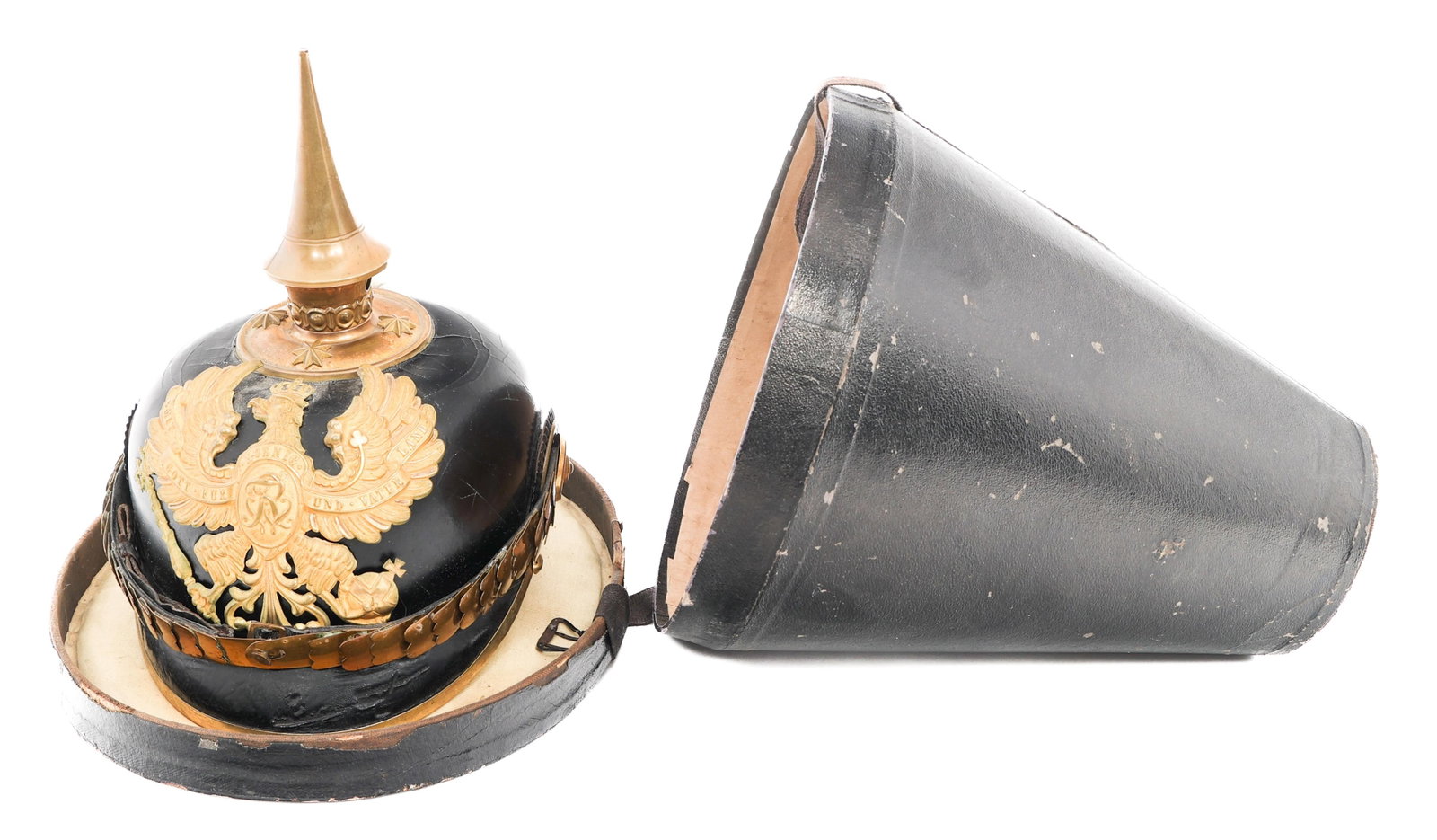 IMPERIAL GERMAN PRUSSIAN GRENADIER PICKELHAUBE: IMPERIAL GERMAN PRUSSIAN GRENADIER PICKELHAUBE Imperial German Prussian Grenadier Officer's Pickelhaube Helmet. Black, leather hard shell with brass visor trim, rear spine and removable spike. Prussia