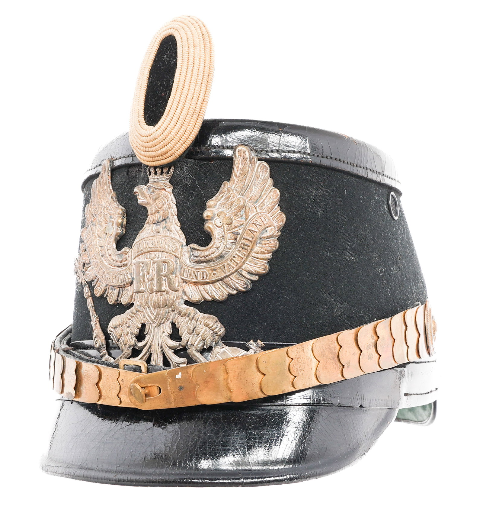 IMPERIAL GERMAN PRUSSIAN OFFICER SHAKO: IMPERIAL GERMAN PRUSSIAN OFFICER SHAKO Imperial German Prussian Officer Shako. Black leather and felt construction. Nickel-silver Prussian front plate. White cotton with black velvet center field symb