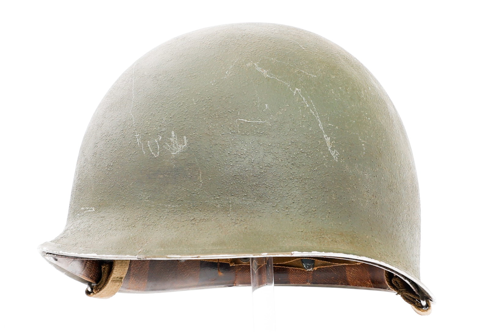 WWII US ARMY M1 COMBAT HELMET: WWII US ARMY M1 COMBAT HELMET WWII US Army M1 Combat Helmet. Front seam, fixed bale, mid-1942 McCord production shell. Lot number "210A" heat stamped near the rim. OD3 chinstrap. Westinghouse producti