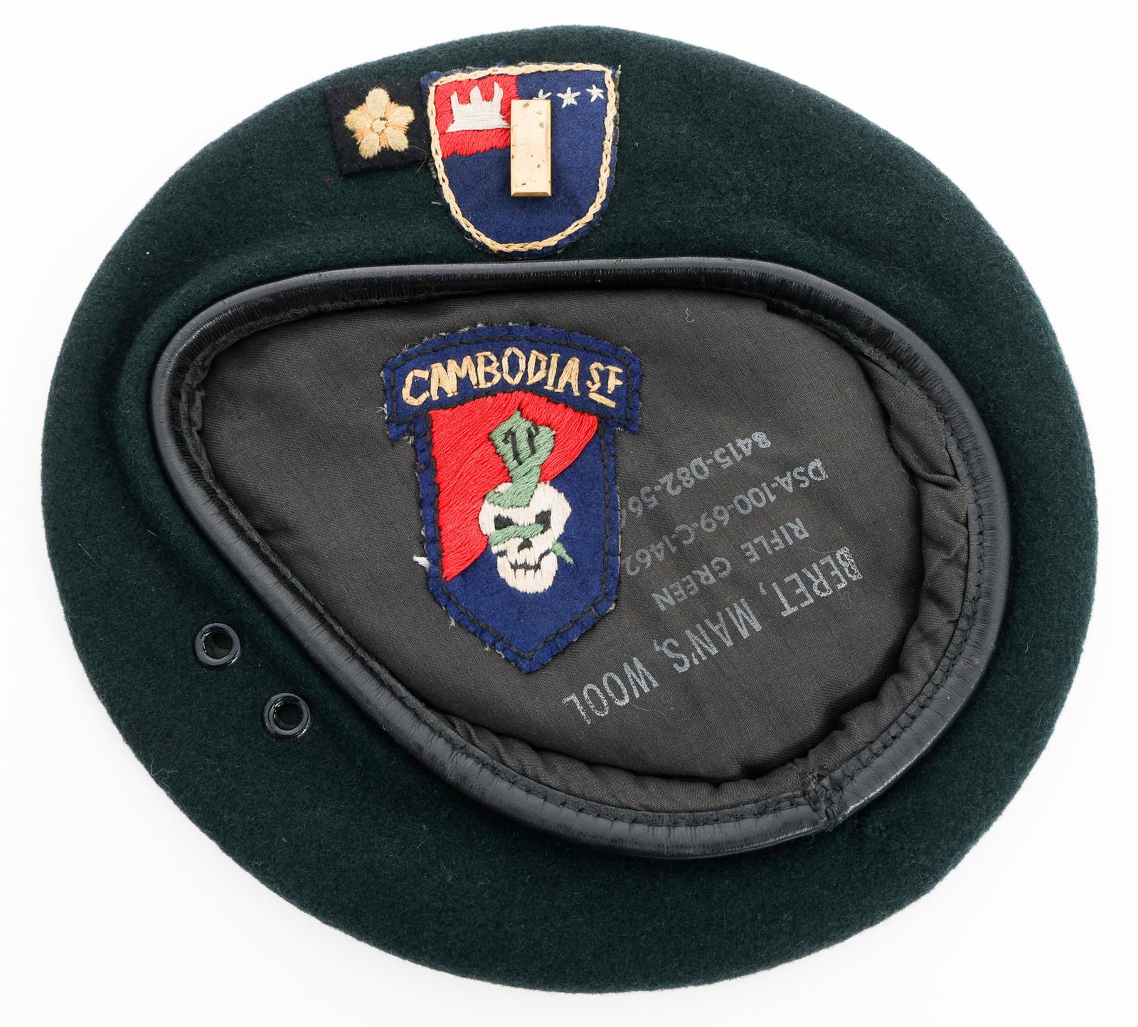 VIETNAM WAR CAMBODIAN SF US ADVISOR GREEN BERET: VIETNAM WAR CAMBODIAN SF US ADVISOR GREEN BERET Vietnam War Cambodian Special Forces US Advisor Green Beret. Khmer SF flash with lieutenant ranks. Cambodia Special Forces patch sewn into the inside. D